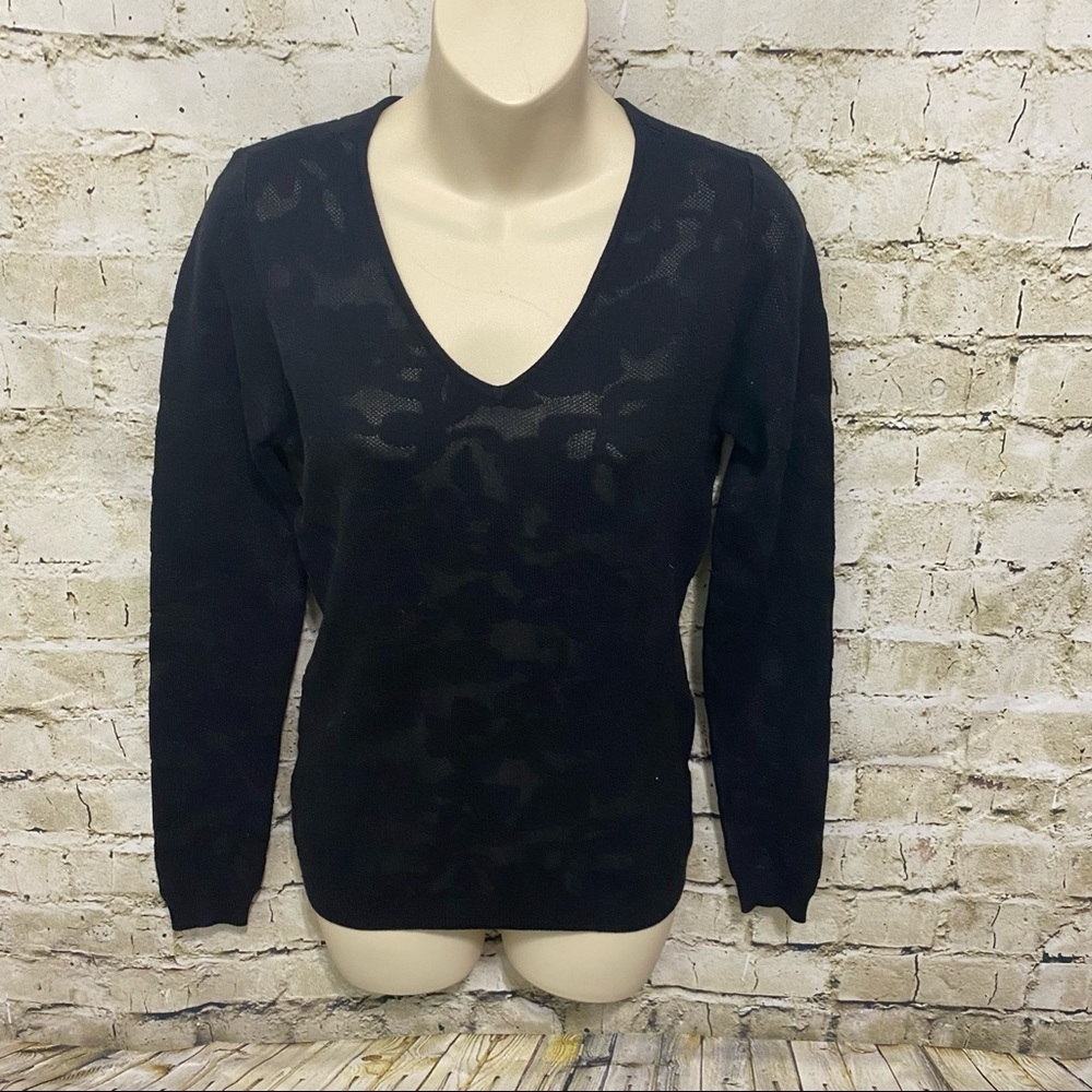 Ann Taylor Black Floral Semi Sheer V Neck Pullover Sweater